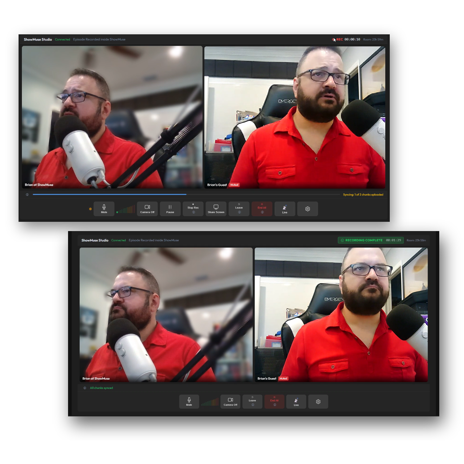 Recording session showing chunks syncing to cloud and recording complete states