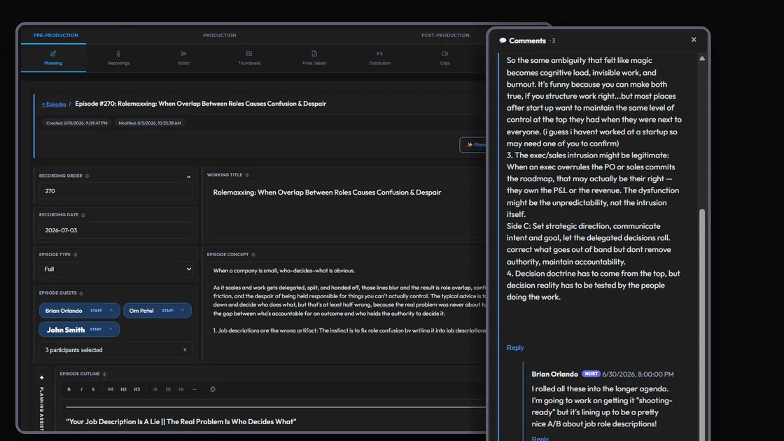 The planning tab: episode form with guests and outline, guest comment thread open beside it.