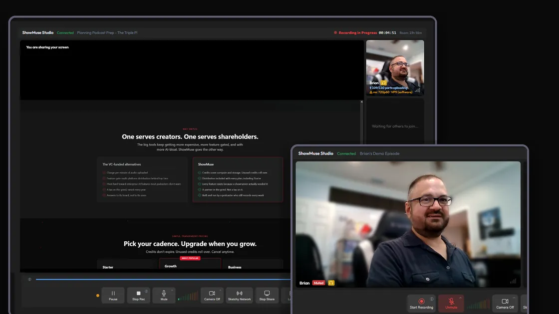 The recording studio: shared screen with the host on camera and the recording controls below.