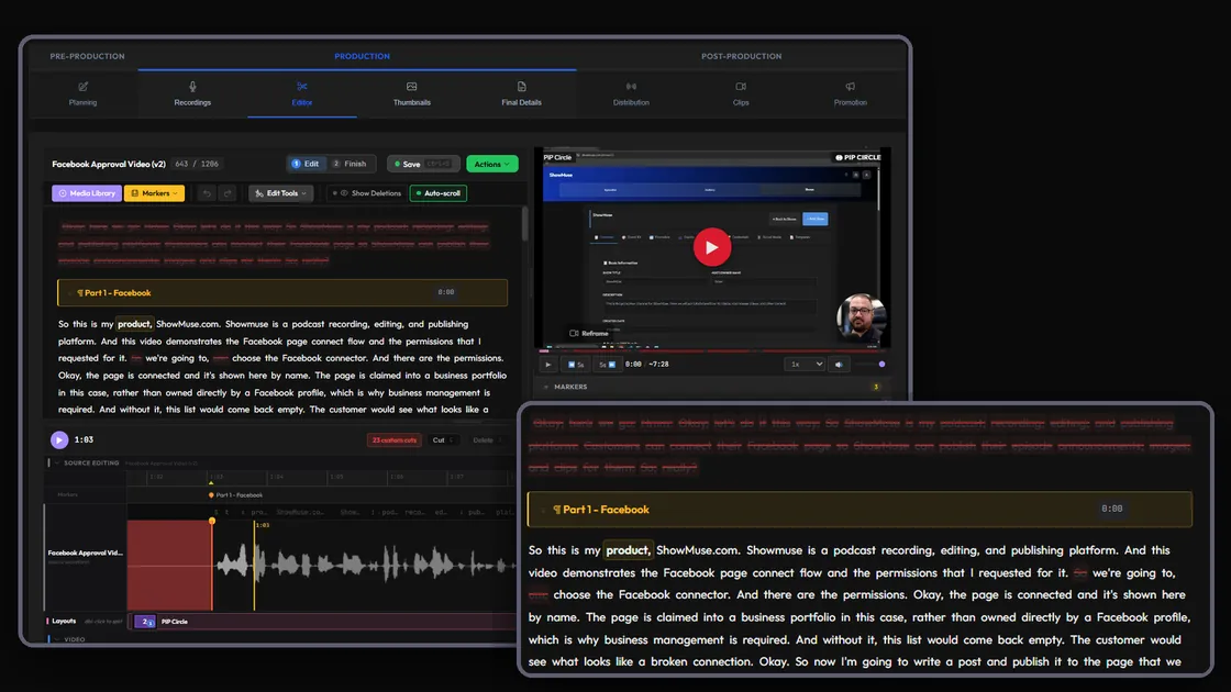 The editor: transcript on the left, waveform timeline underneath, video preview beside it.