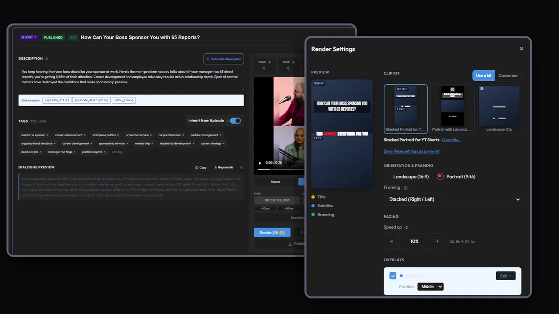A clip being cut: description and tags on the left, render settings with clip kit and framing on the right.